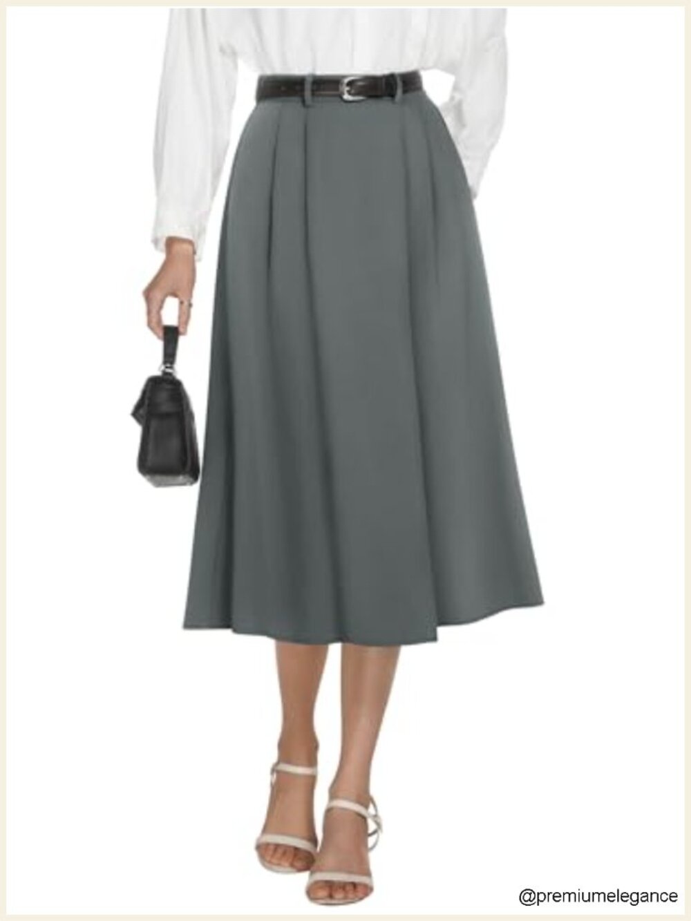 A-Line Pleated Midi Skirt for Women High Waisted Elastic Work Skirt with Pockets